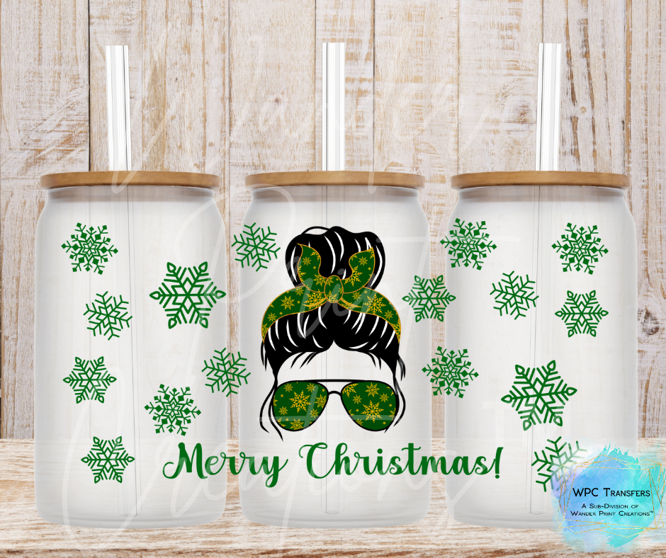 Merry Christmas  Buns (Green) 16oz Libbey Glass Can