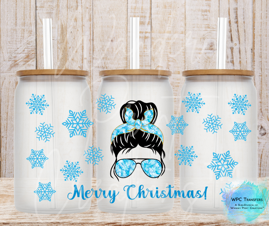 Merry Christmas  Buns (Blue) 16oz Libbey Glass Can