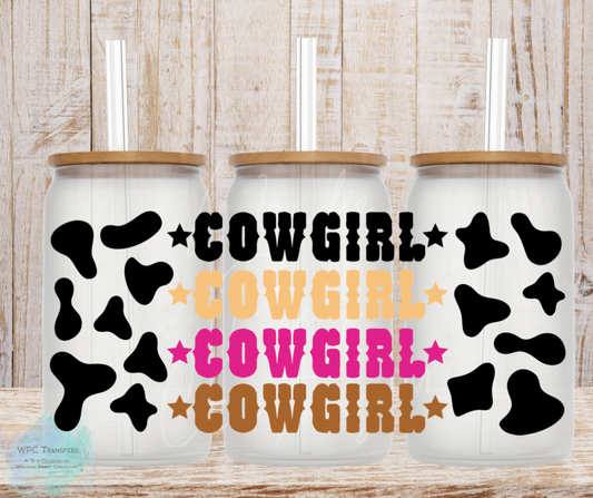 Cowgirl Cow 16oz Libbey Glass Can