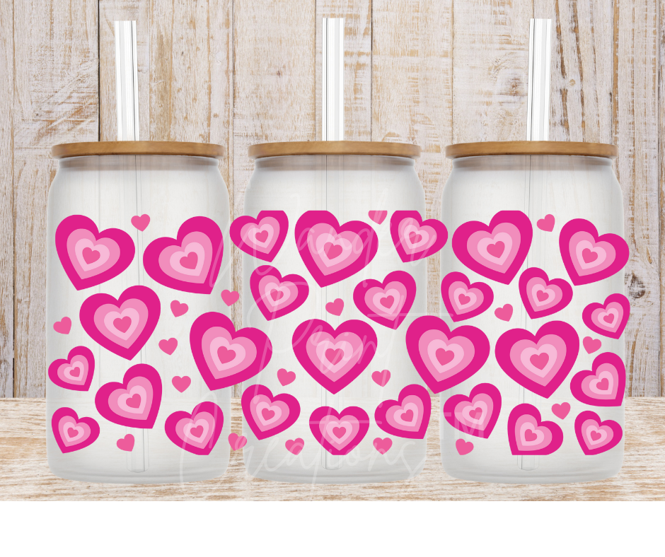 Pink Hearts 16oz Libbey Glass Can